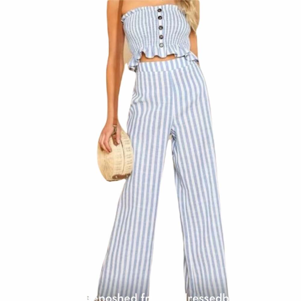Blue and White Strapless Wide Leg Two Piece Set J15